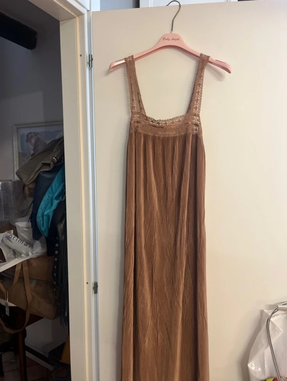 Pleated Mini Dress with Floral Lace Waistband - Brown